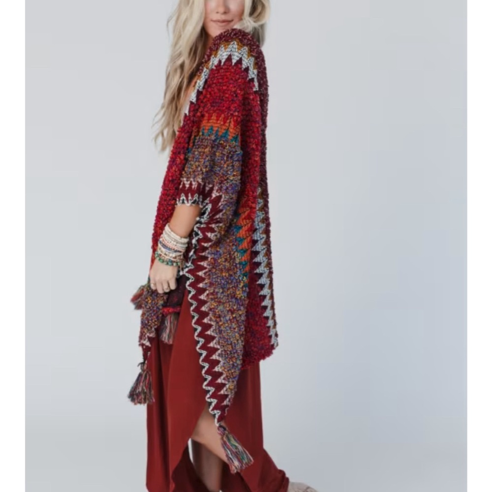 New Bohemian Crochet Ruana Knit Tasseled Cardigan Sweater Duster Wrap Blanket - Picture 4 of 9